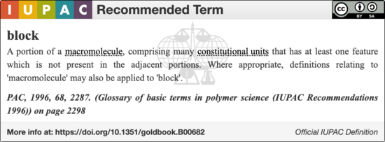 IUPAC definition for a block in polymer chemistry