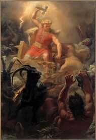 Thor raising his hammer in a battle against the giants