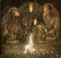 Illustration of three trolls surrounding a princess in a dark area, as adapted from a collection of Swedish fairy tales