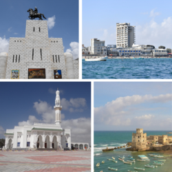 Clockwise from top: Sayid Mohammed Abdullah Hassan monument, Lido Beach, the Old Fishing Harbour, and Isbahaysiga Mosque.