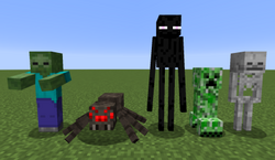 Standing on a flat grassy plain against a blue sky, there is a green zombie wearing a blue shirt and purple pants; a large spider with red eyes; a tall, black, slender creature with purple eyes; a green, four-legged creature; and a skeleton.