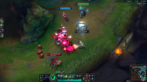 Screenshot of League of Legends, featuring four champions in the bottom lane of the game's primary map, surrounded by minions.