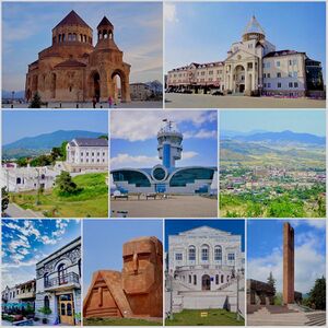 From top left: Holy Mother of God Cathedral Renaissance Square • Downtown Stepanakert Stepanakert Airport • Stepanakert skyline Park Hotel Artsakh  • We Are Our Mountains Artsakh University  • Stepanakert Memorial