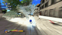 Sonic blasts through city streets in one of the levels of Sonic Unleashed, a European-themed world called Rooftop Run.