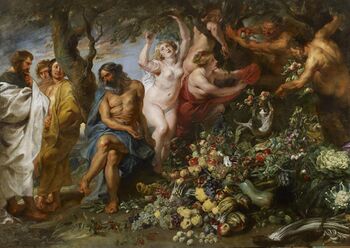 Painting showing Pythagoras on the far left quizzically stroking his beard as he gazes upon a massive pile of fruits and vegetables. Two followers stand behind him, fully clothed. A man with a greying beard sits at the base of a tree gesturing to the pile of produce. Next to him, a fleshy, nude woman with blonde hair plucks fruits from it. Slightly behind her, two other women, one partially clothed and the other nude but obscured by the tree branch, are also plucking fruits. At the far right end of the painting, two nude, faun-like men with beards and pointed ears hurl more fruits upon the pile.