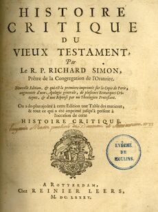 page with text beginning "Histoire Critique du vieux testament par Le R. P. Richard Simon"