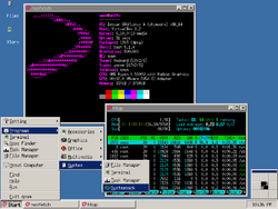 QVWM's applications menu being fully expand. Two xterm (a terminal program) run neofetch and htop, respectively.