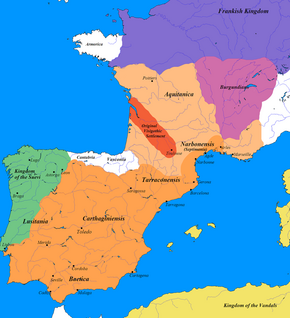 Greatest extent of the Visigothic Kingdom, c. 500 (shown in orange, territory lost after Vouille shown in light orange).