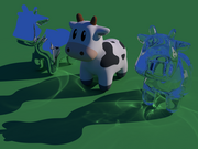 3D rendered image showing three copies of a cartoon cow. The one on the left has a mirror surface, and the one on the right uses a transparent glass material. The outlines of the cows and the shadows are smooth with no blockiness or angular defects. The lighting is realistic, including in the shadowed areas. The base surface is illuminated by bright spots and lines ("caustics") caused by light being focused by the reflective and transparent cows.