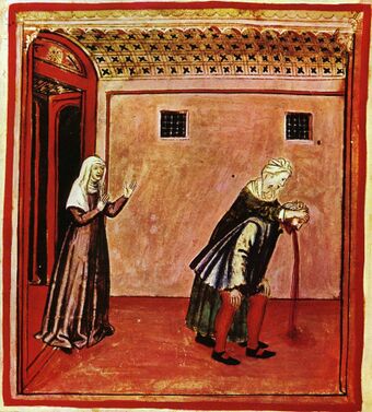 A Renaissance drawing with vivid colours depicting a woman holding the head of a man, who is bent over and expelling a brownish-red material from his mouth. A second woman stands at the left of the image in the doorway to the room, and appears to offer support. A crude representation of vomiting.