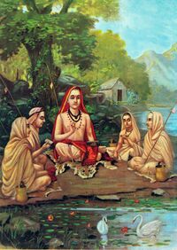 Painting of a guru with four disciples near a pond