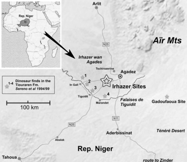 Drawn map showing dinosaur localities in Niger