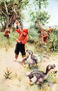 Colour illustration of men pursuing dodos