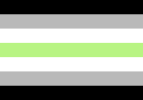 Agender pride flag, made up of horizontal stripes of, from top to bottom, black, grey, white, green, white, grey, and black.