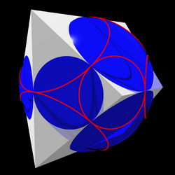 An opaque white polyhedron with four triangular faces and four quadrilateral faces is crossed by a transparent blue sphere of approximately the same size, tangent to each edge of the polyhedron. The visible portions of the sphere, outside the polyhedron, form circular caps on each face of the polyhedron, of two sizes: smaller in the triangular faces, and larger in the quadrilateral faces. Red circles on the surface of the sphere, passing through these caps, mark the horizons visible from each polyhedron vertex. The red circles have the same two sizes as the circular caps: smaller circles surround the polyhedron vertices where three faces meet, and larger circles surround the vertices where four faces meet.