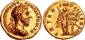 Coin of Marcus Aurelius. Victoria appears on the reverse, commemorating Marcus's Parthian victory.