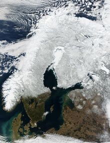 Photo of the Fennoscandian Peninsula and Denmark, as well as other areas surrounding the Baltic Sea, in March 2002