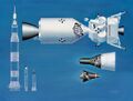 Drawings of Mercury, Gemini capsules and Apollo spacecraft, with their launch vehicles