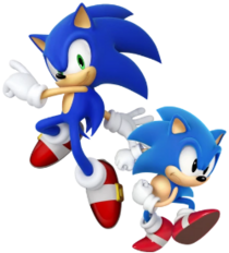 Two anthropomorphic, cartoon blue hedgehogs wearing red shoes. The one on the left is taller and slimmer, while the one on the right is shorter and portly.