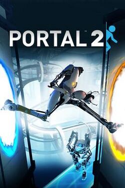 Cover art of the game; two humanoid robots are shown standing into a large, futurist setting with catwalks, pneumatic tubes, and other features in the background. One robot (P-Body) is crossing between two portals in the foreground, the other (Atlas) watching from behind.