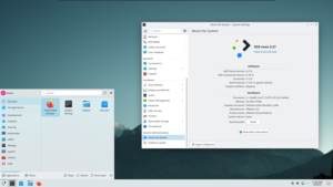 Standard stacking window manager and always-visible taskbar+tray with Info Center application open, showing KDE Neon 5.19 User Edition, with hardware and software versions listed in a tabular format. The panel is at the default location of the bottom of the screen with the default widgets. Visible on the panel from left to right are the icon for the Application Launcher menu, a standard task bar entry stating "System Information - Info Center", empty space, a System Tray containing an update icon from KDE Discover, a volume control icon, a removable devices icon, a networks icon, a menu to display further hidden items, a clock, and a Show Desktop icon.