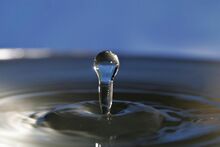Water droplet erupting from the center of a concentric ring of ripples, evidently in response to a drop landing in the water just before