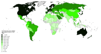 A choropleth map showing gross median per-capita income at purchasing power parity, based on data from Gallup.