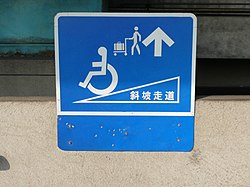 A blue sign with a white border and text displays a graphic of a person in a wheelchair.