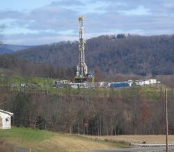 Tower for drilling horizontally into the Marcellus Formation for natural gas, from Pennsylvania Route 118 in eastern Moreland Township